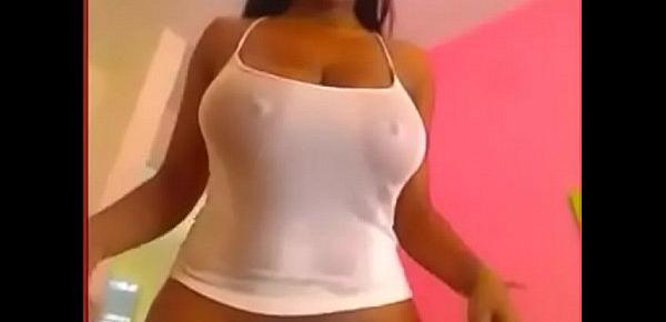  black girl teases with huge boobs in white top